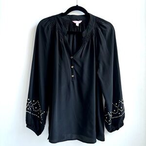 Lily Pulitzer Elsa Silk Studded Longsleeve Top Blouse Black Size Medium